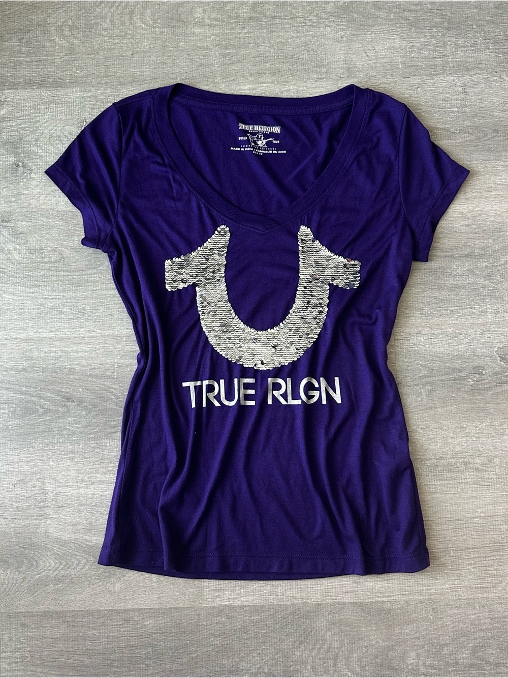 True Religion Purple Short-Sleeve Sequin Logo Tee Y2K